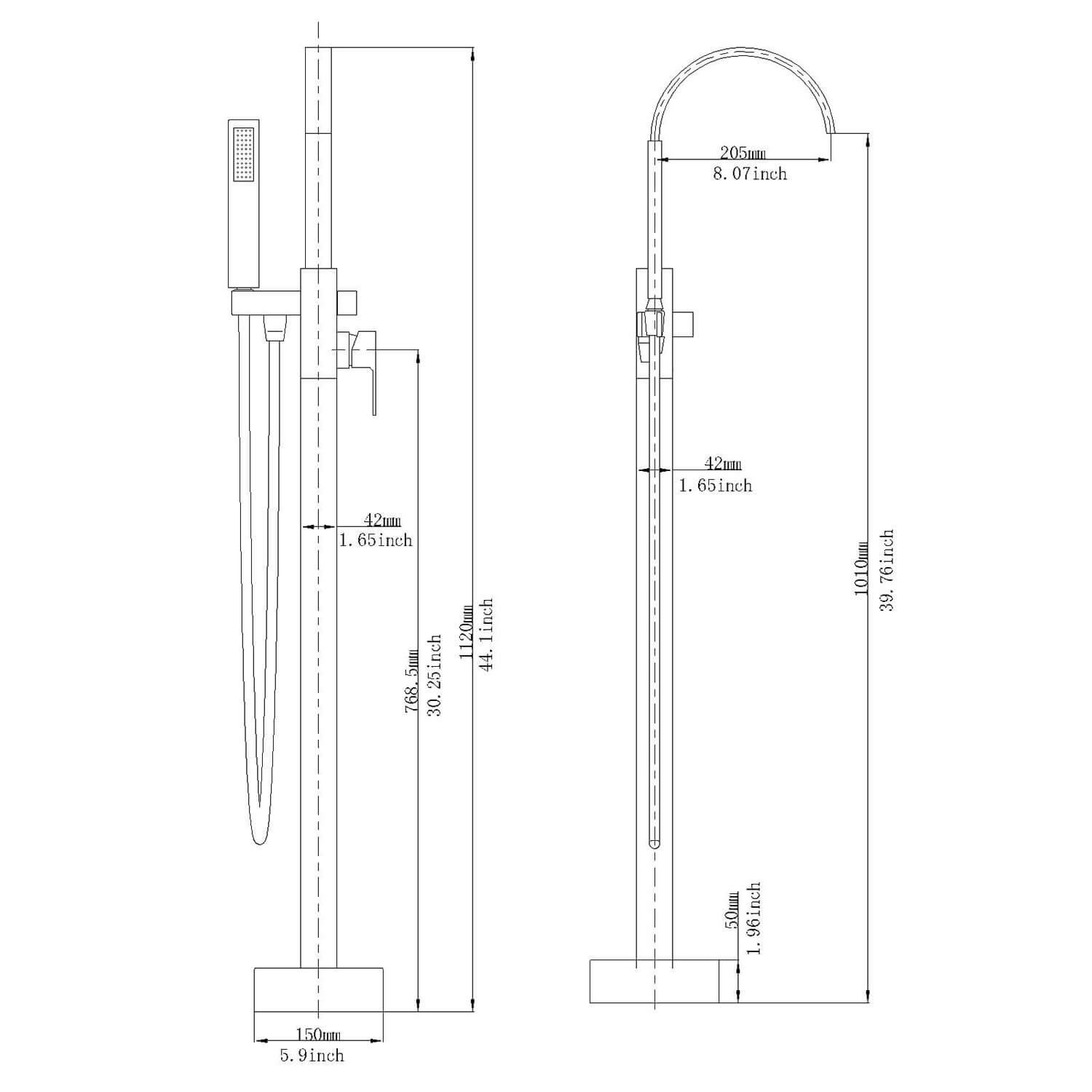 High Arc Waterfall Freestanding Tub Filler Floor Mount Bathtub Faucet with Handheld Shower