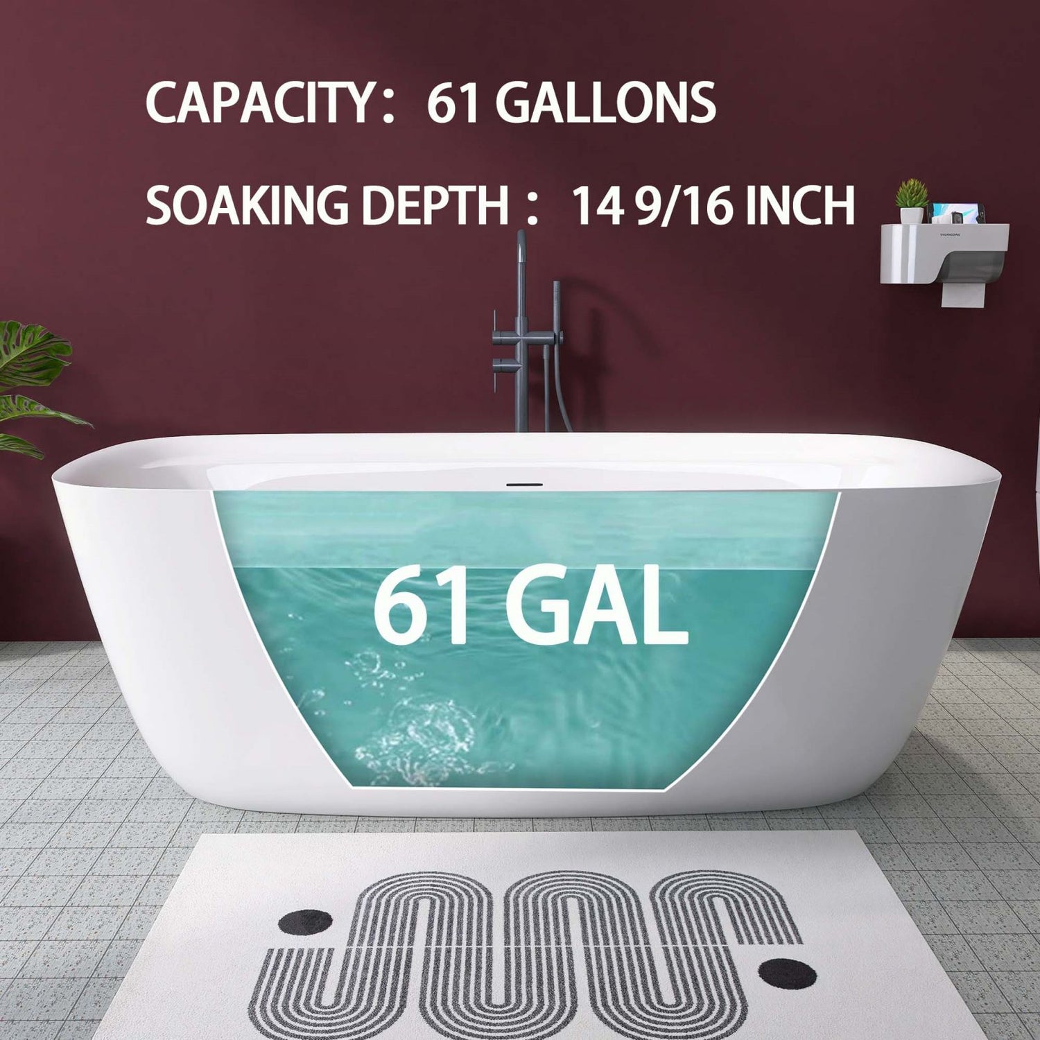 Water Capacity Diagram for a 67&quot; Acrylic Wide Rimmed Deck Tub