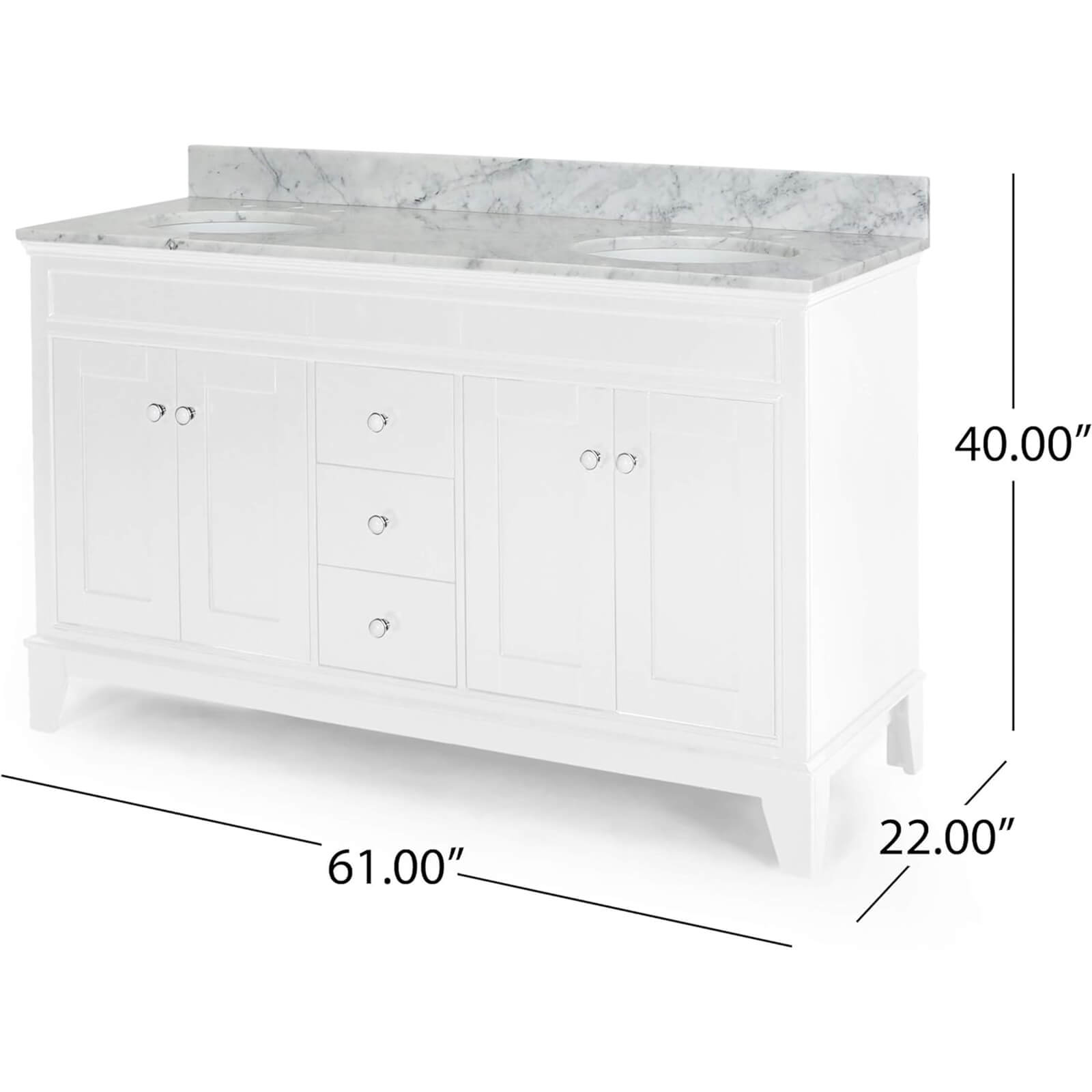 61 in White Double Sink Vanity with Backsplash Overall Dimensions