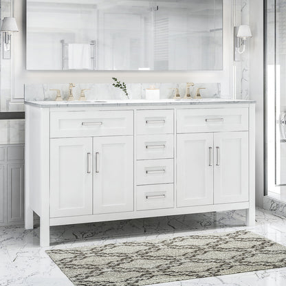 61 in White Freestanding Bathroom Vanity with Marble Top