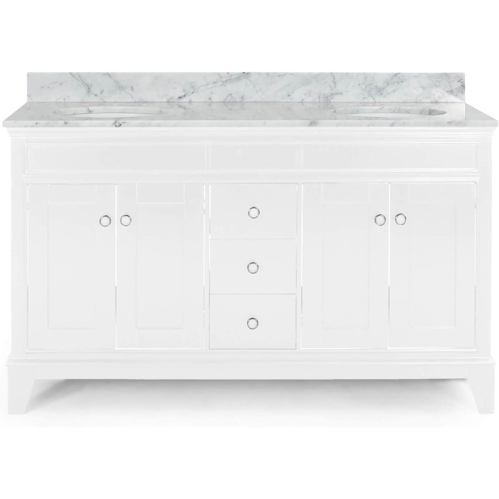 61 inch White Double Sink Vanity with Integrated Backsplash for Luxurious Bathrooms