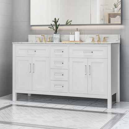 61 inch White Freestanding Vanity with Carrara Marble Top for Bathroom Remodel