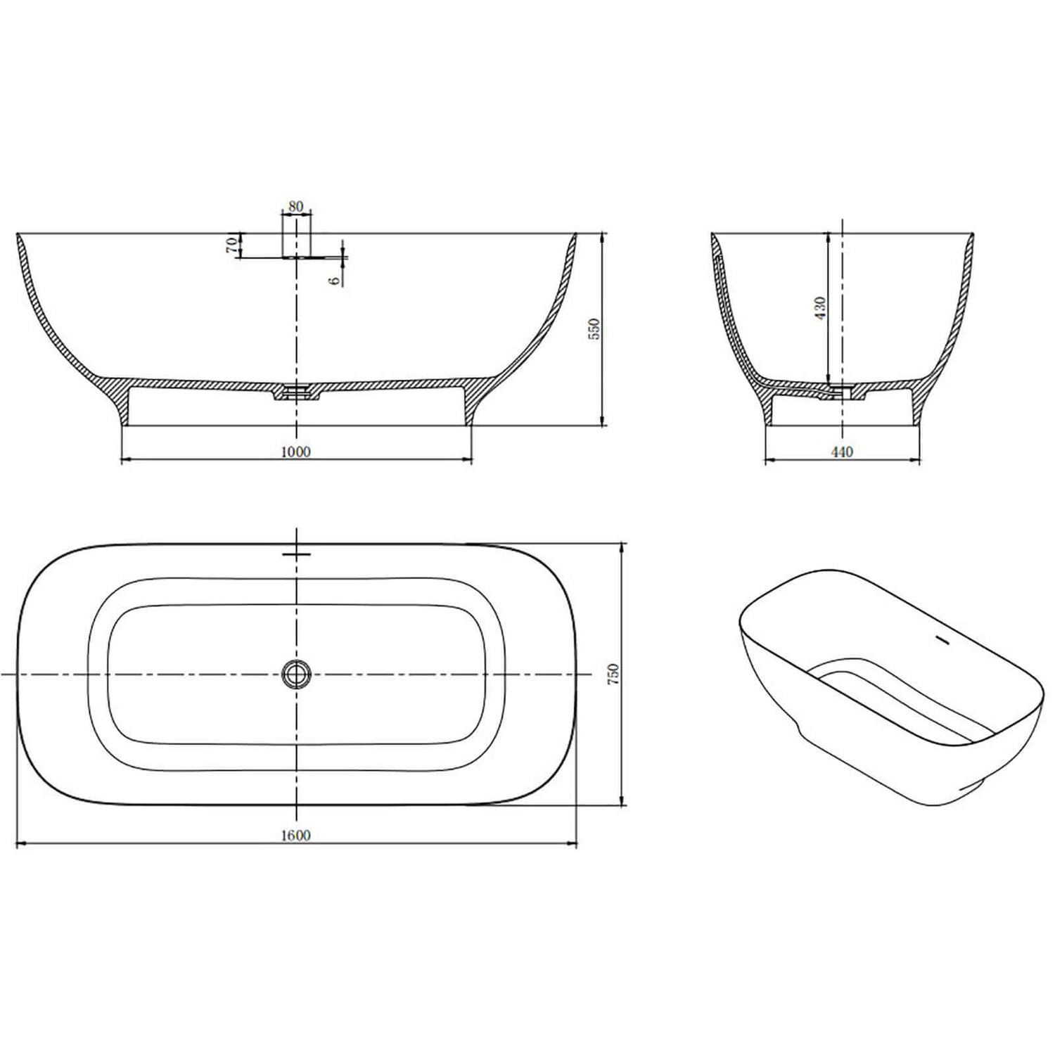 63 inch Rectangular Solid Surface Tub Dimensions Outline Drawing