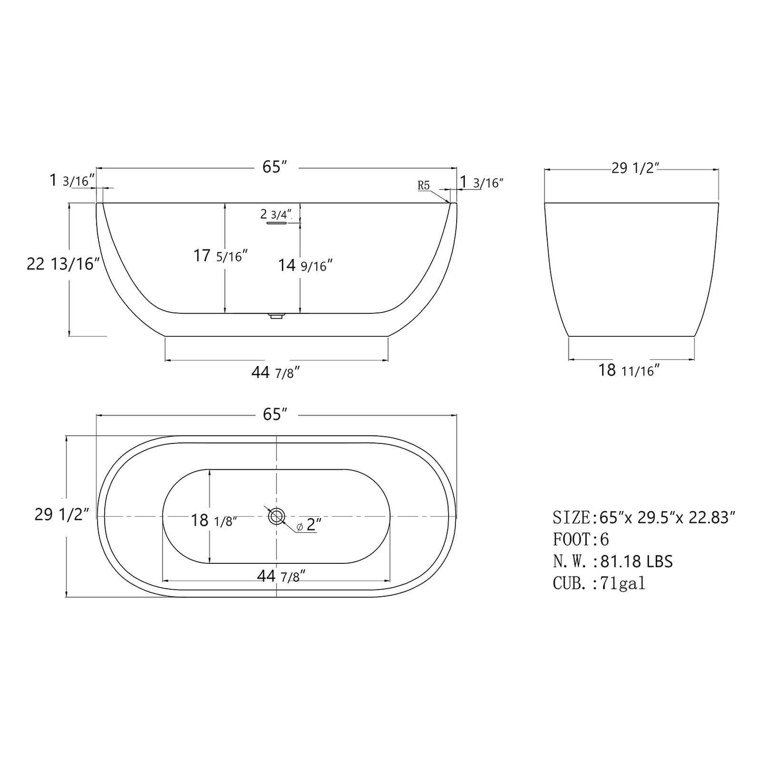 65 Inch 5 Layer Insulated Acrylic Bathtub Dimensions Outlinexi