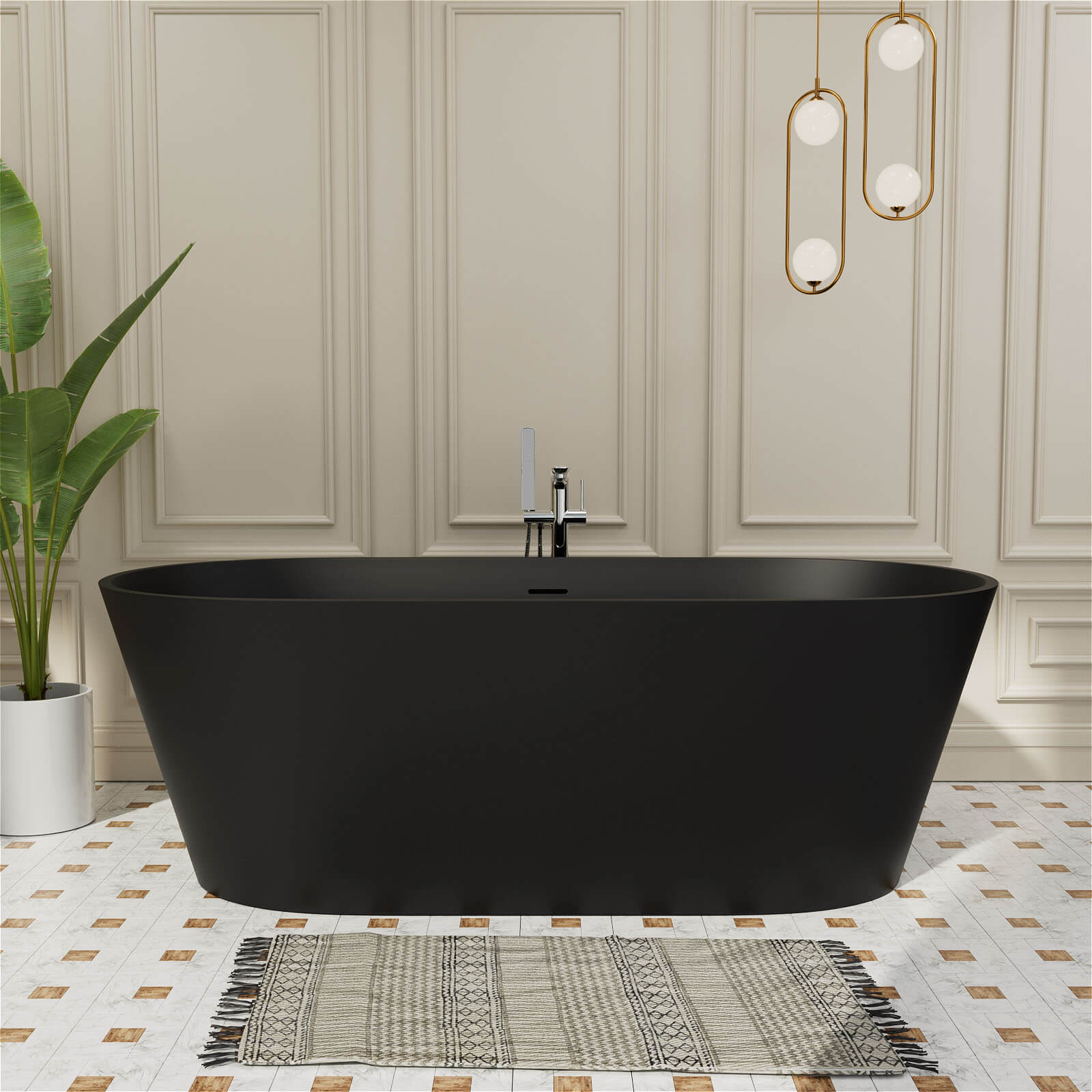 65&quot; Stone Resin Bathtub Oval-shaped Solid Surface Stand Alone Tub with Pop-up Drain