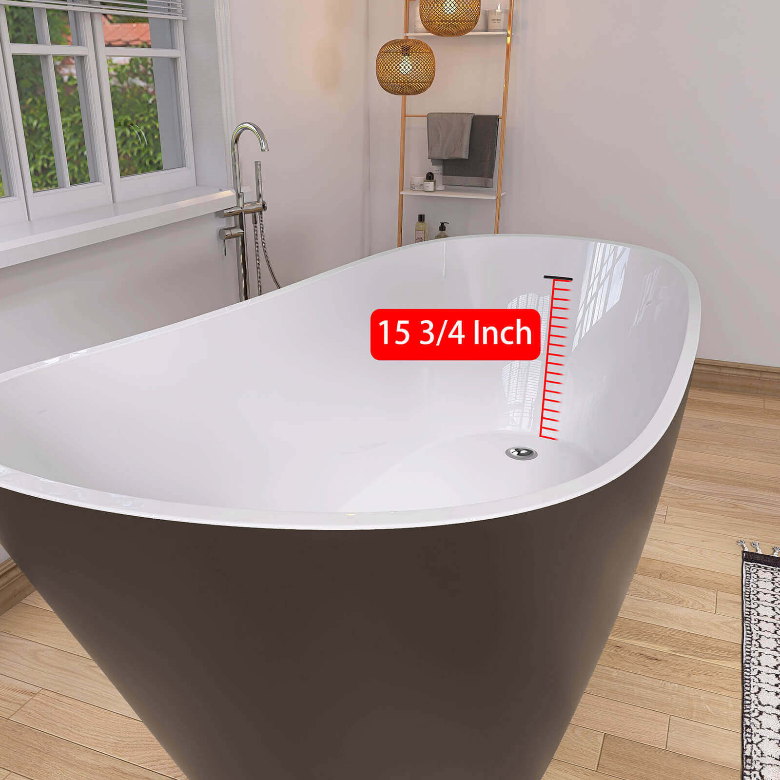 67&quot; Acrylic double sided single slipper bathtub overflow location display