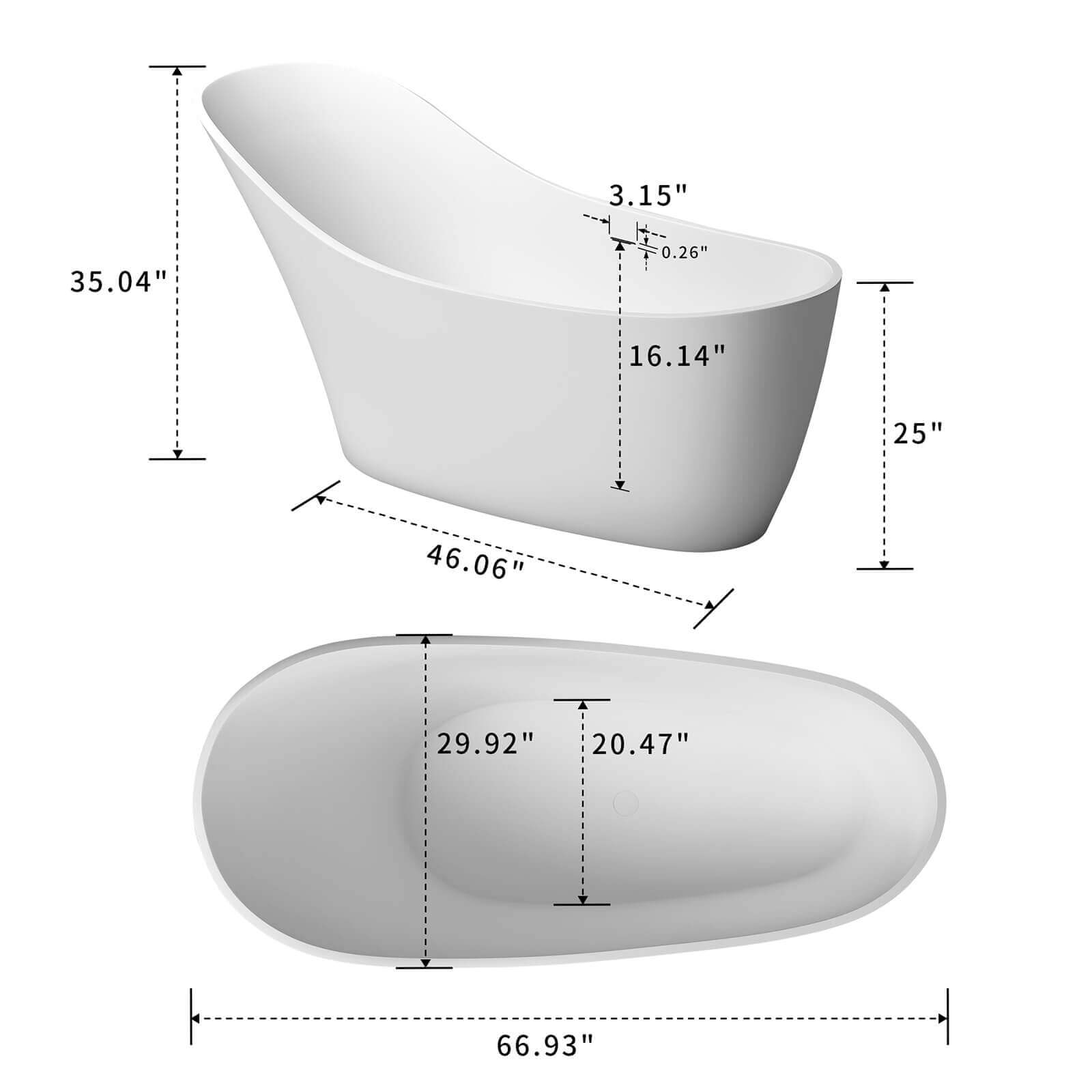 67 Inch Single Slipper Clear Resin Bathtub Dimensions Specifications