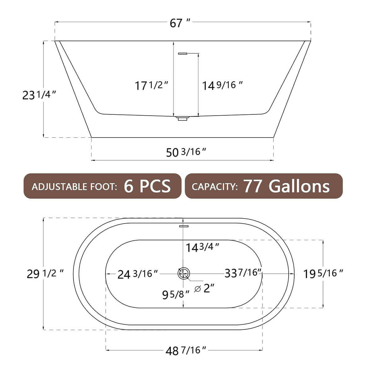 67-inch flat bottom acrylic bathtub outline size chart