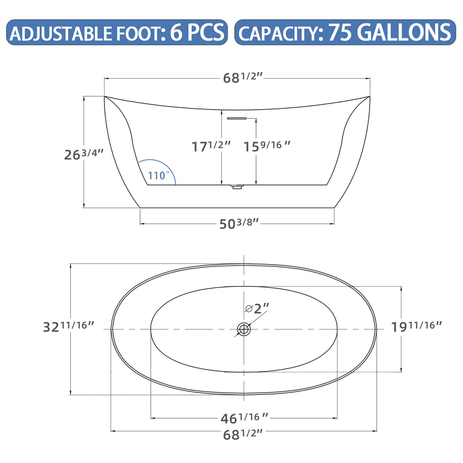 68 inch acrylic double slipper bathtub outline size