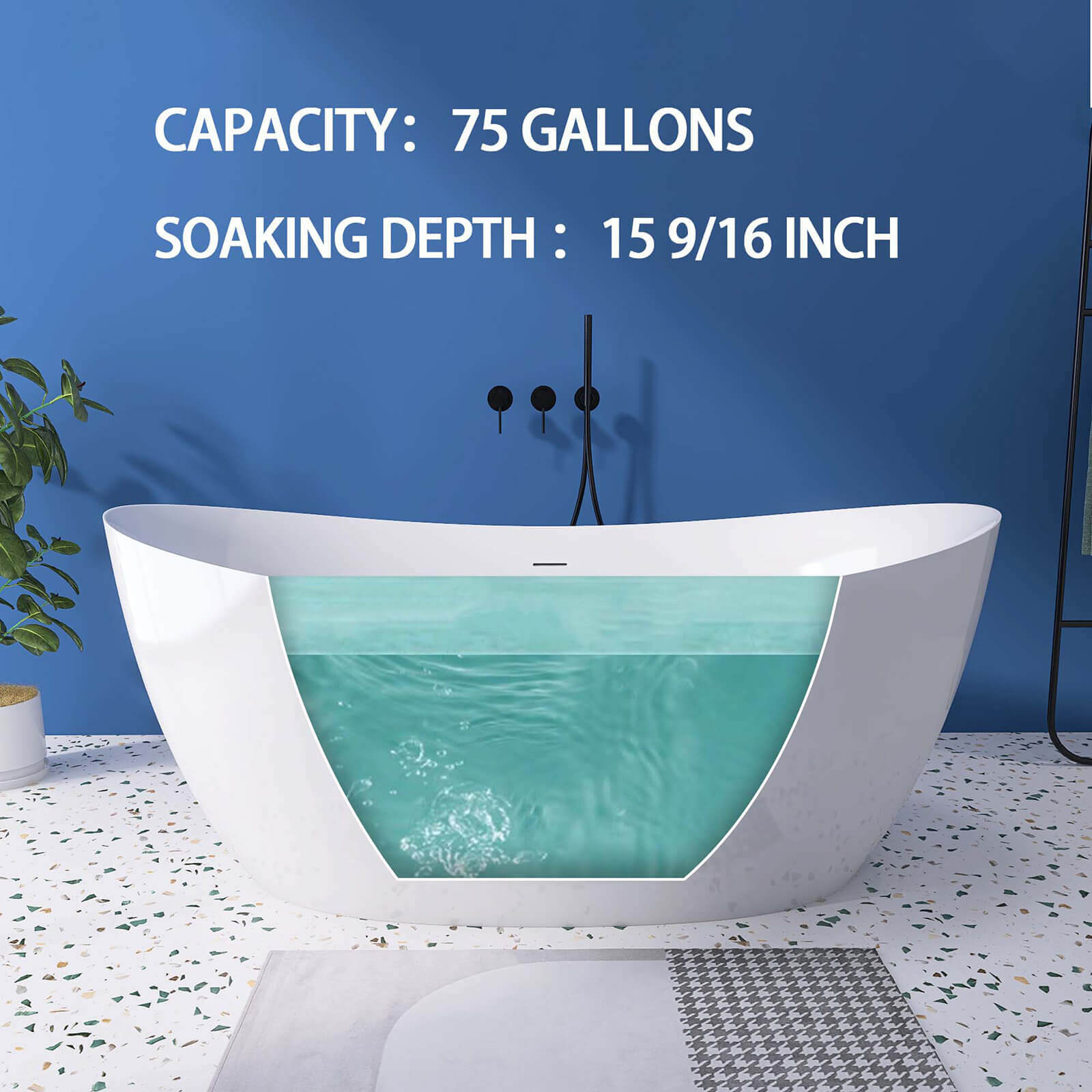 68 inch acrylic double slipper bathtub with 75 gallon water capacity