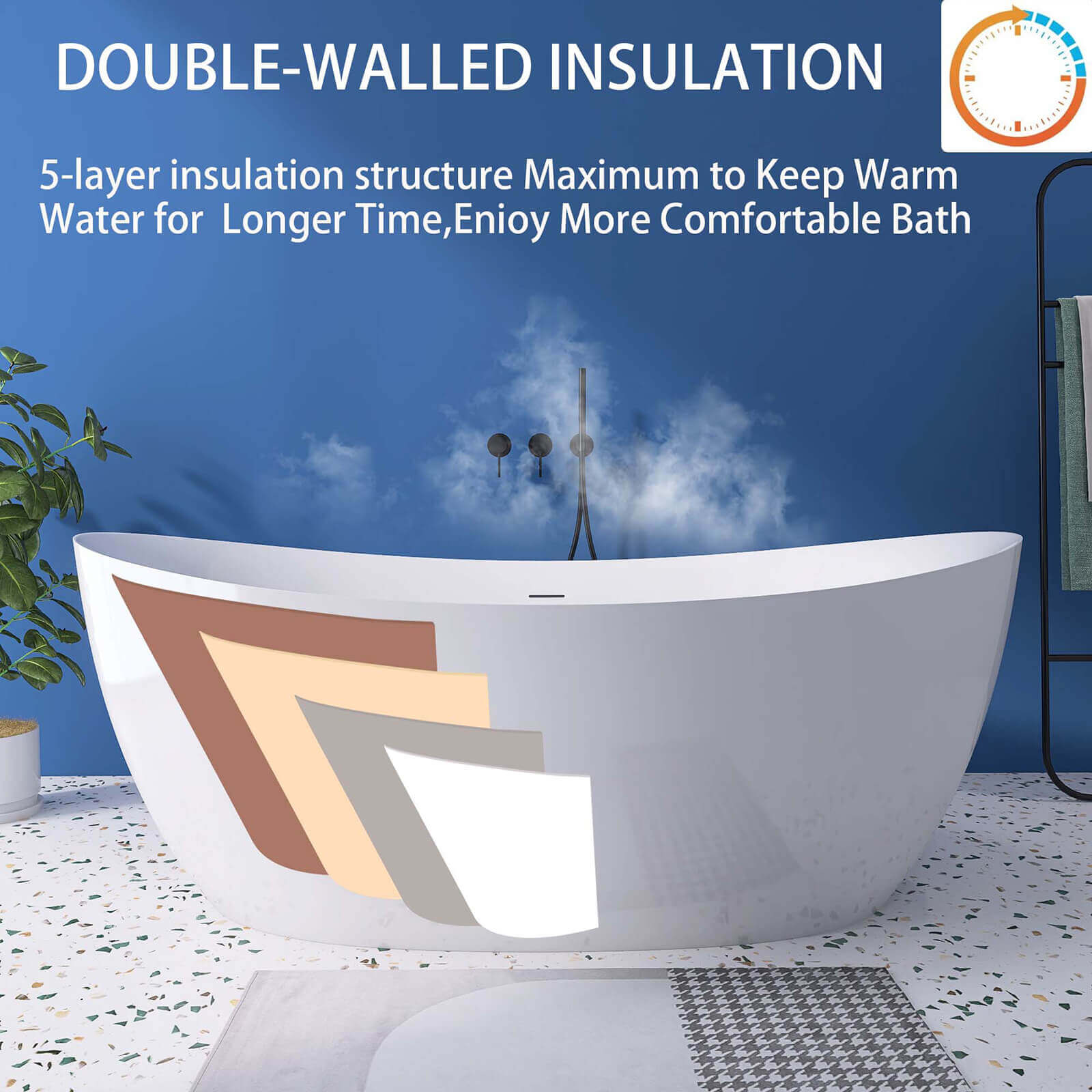 68 inch acrylic double slipper bathtub with good thermal insulation effect