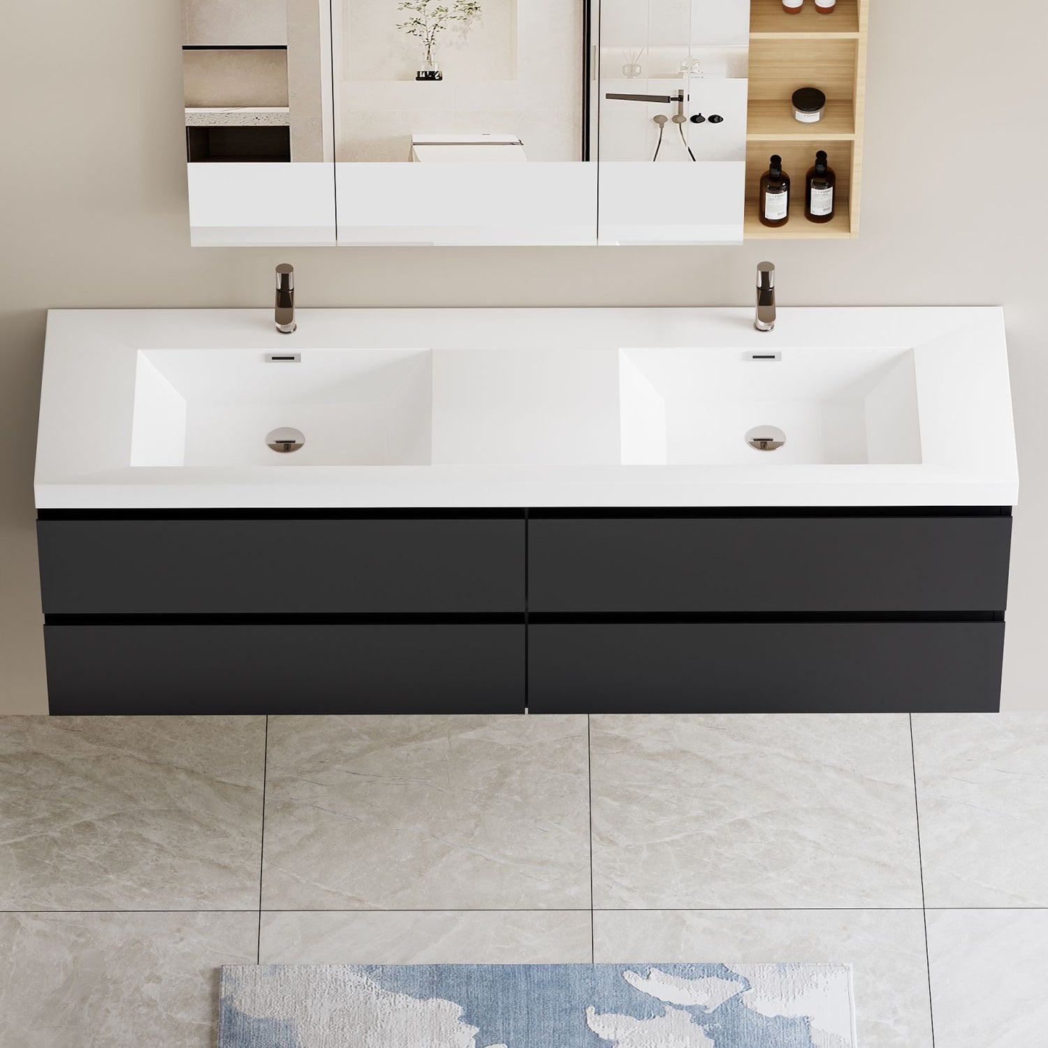 72&quot; Wall-Mounted Black Vanity with Dual Basins