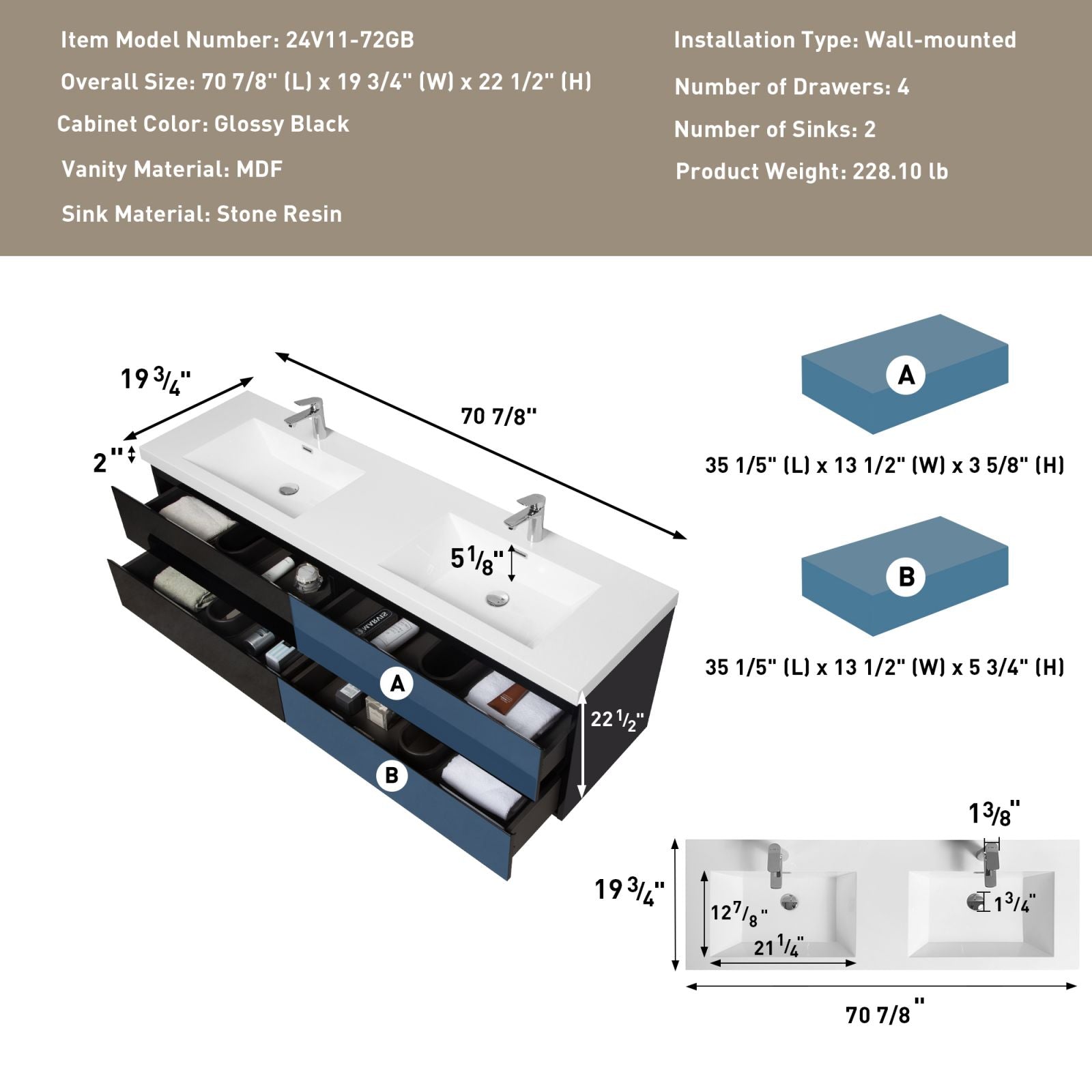 72&quot; Wall-Mounted Vanity with Soft Close Drawers