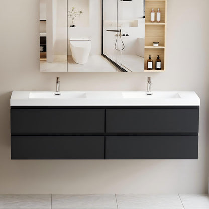 72&quot; Black Floating Bathroom Vanity with Dual Resin Basins 4 Soft-close Drawers