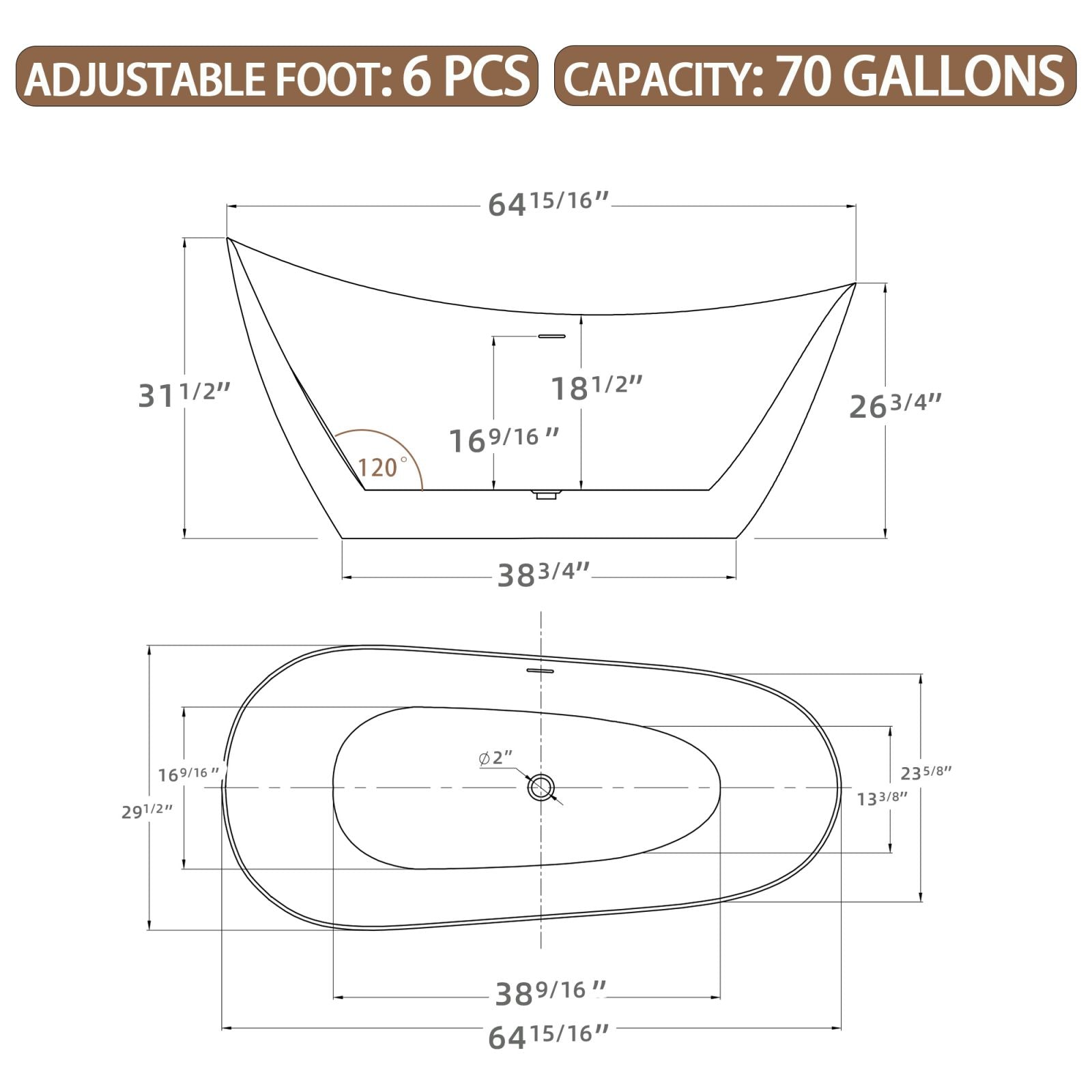 Dimensional outline drawing of 65&quot; acrylic reclining slipper tub