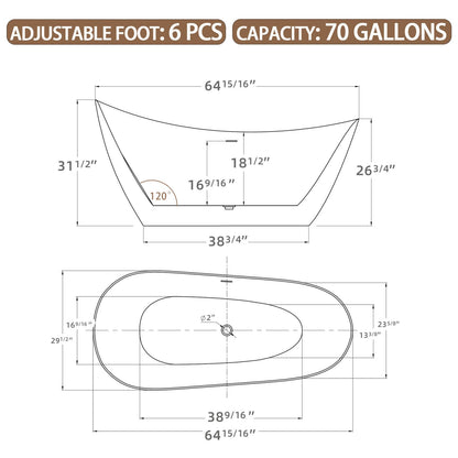 Dimensional outline drawing of 65&quot; acrylic reclining slipper tub