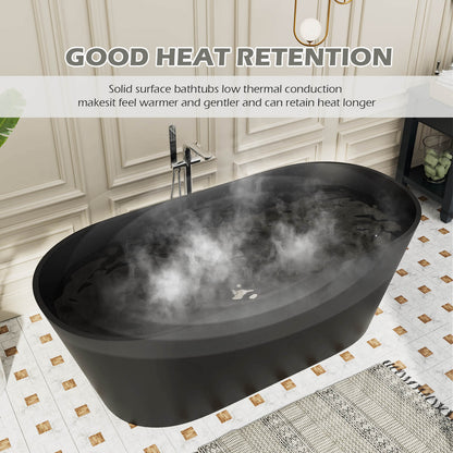 65&quot; Stone Resin Bathtub Oval-shaped Solid Surface Stand Alone Tub with Pop-up Drain