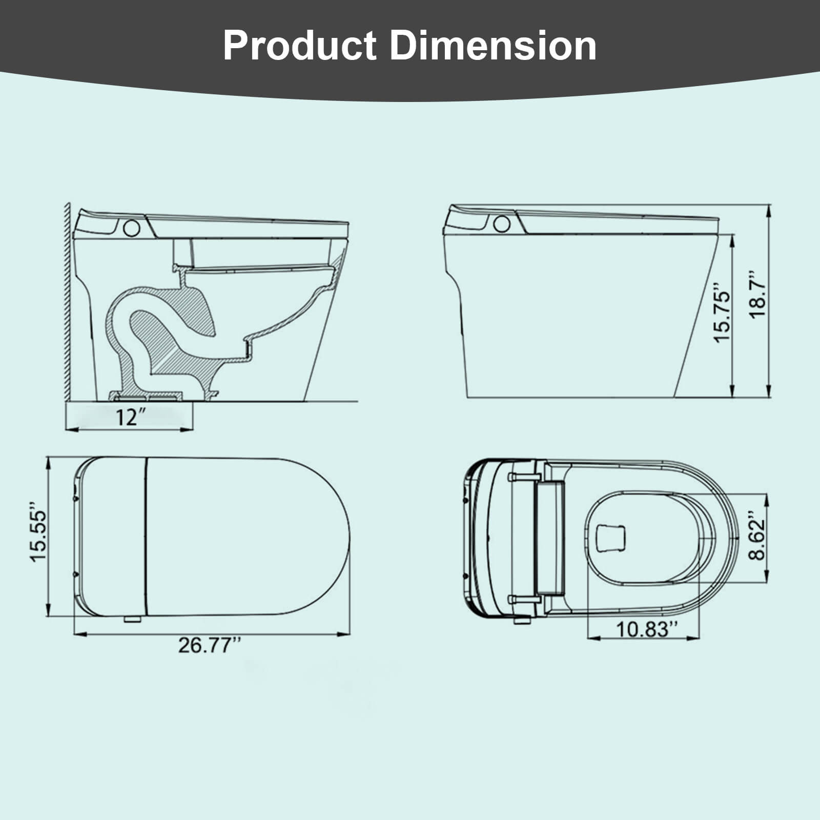 Modern Smart Bidet Toilet with LED Light, Heated Seat, Automatic