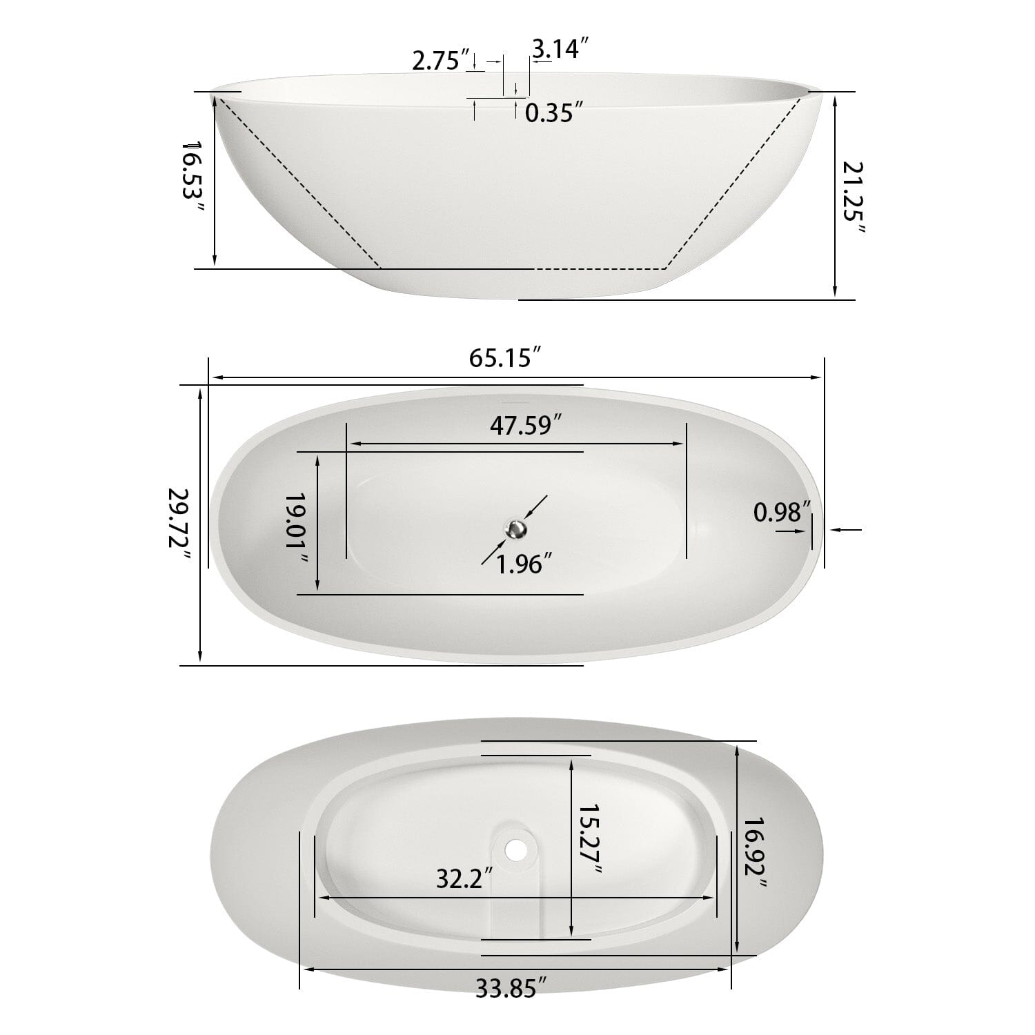 65&quot; Modern Oval Tub Solid Surface Stone Resin Freestanding Soaking Bathtub with Tub Tray