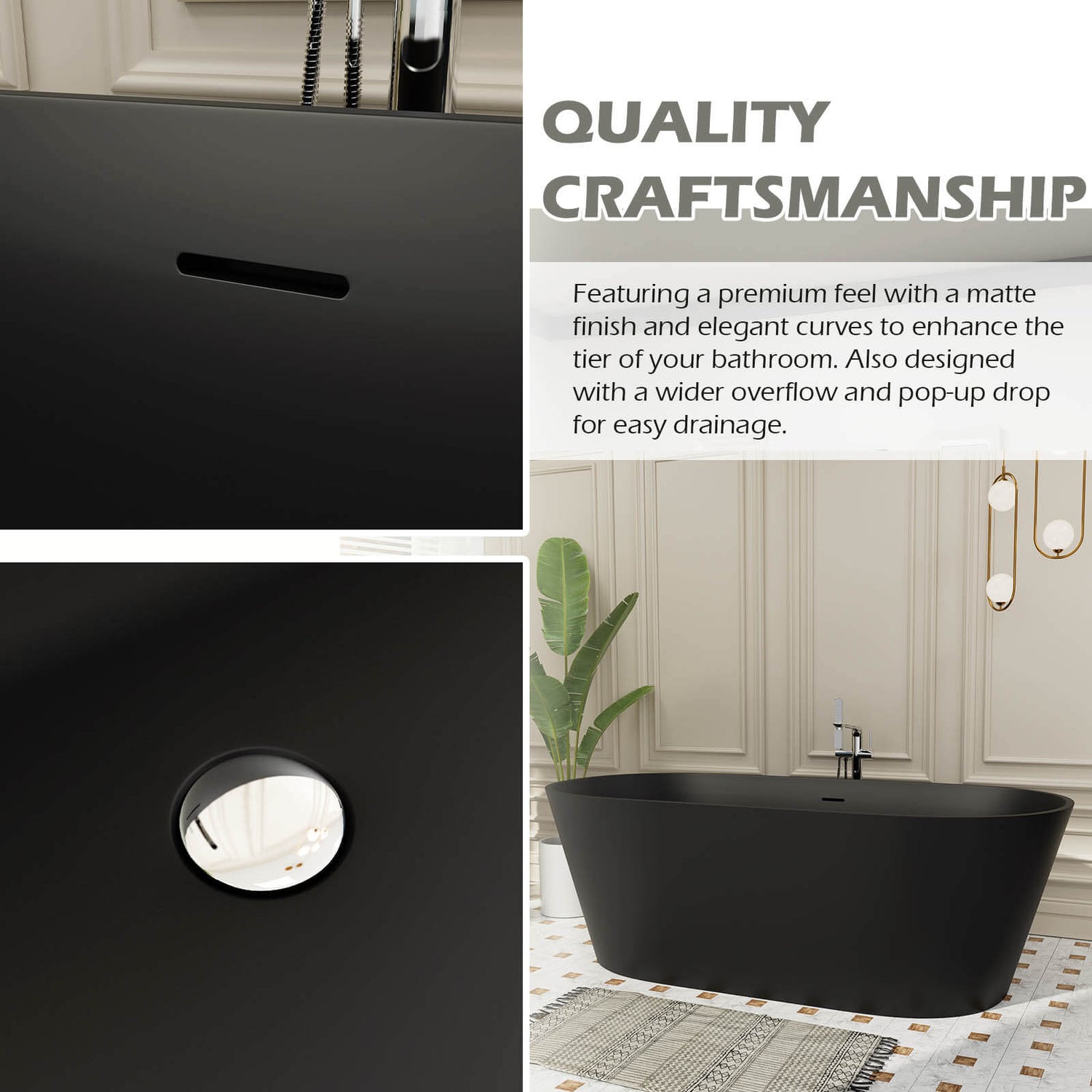 65&quot; Stone Resin Bathtub Oval-shaped Solid Surface Stand Alone Tub with Pop-up Drain