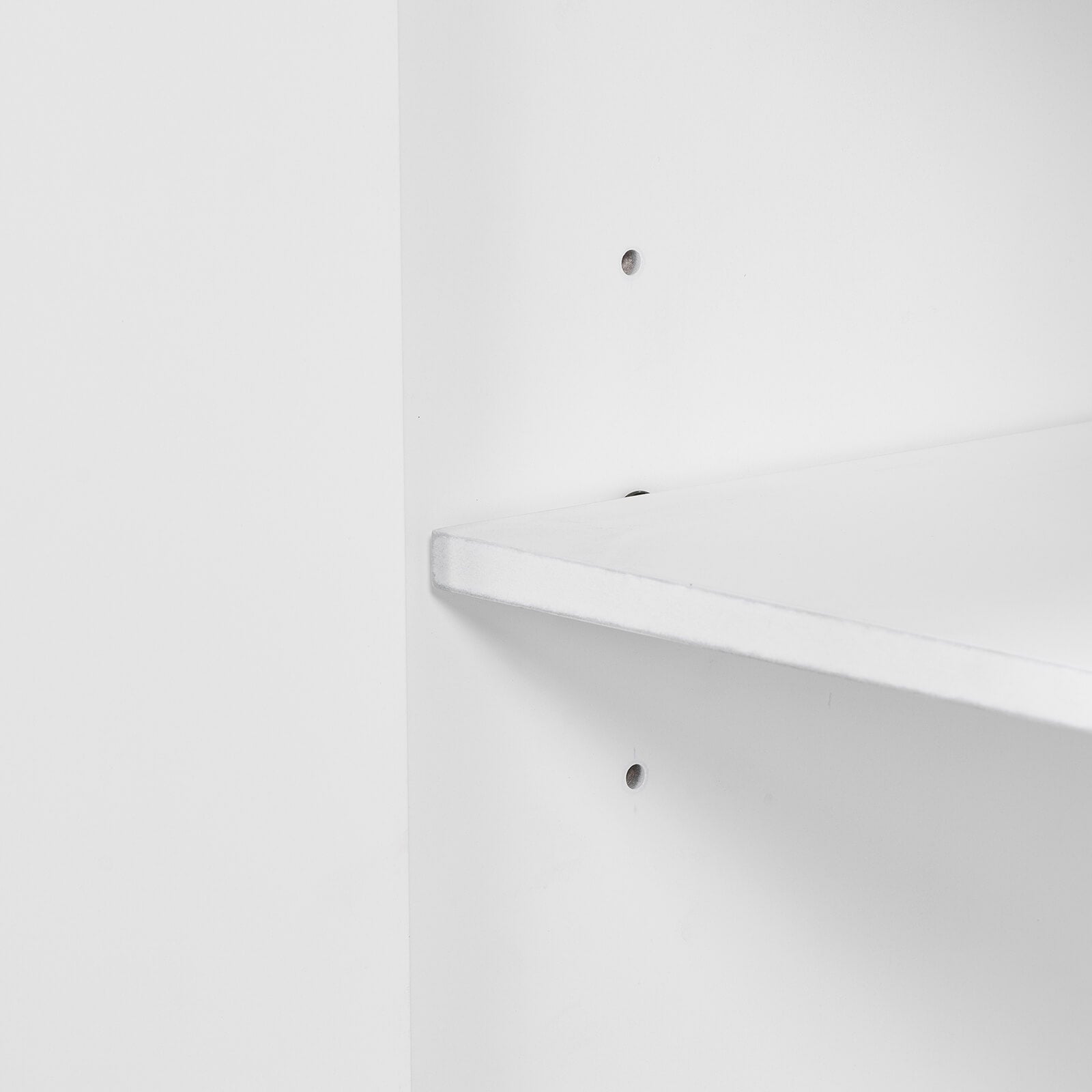 Adjustable shelf detail for 36 inch white bathroom vanity with integrated resin sink