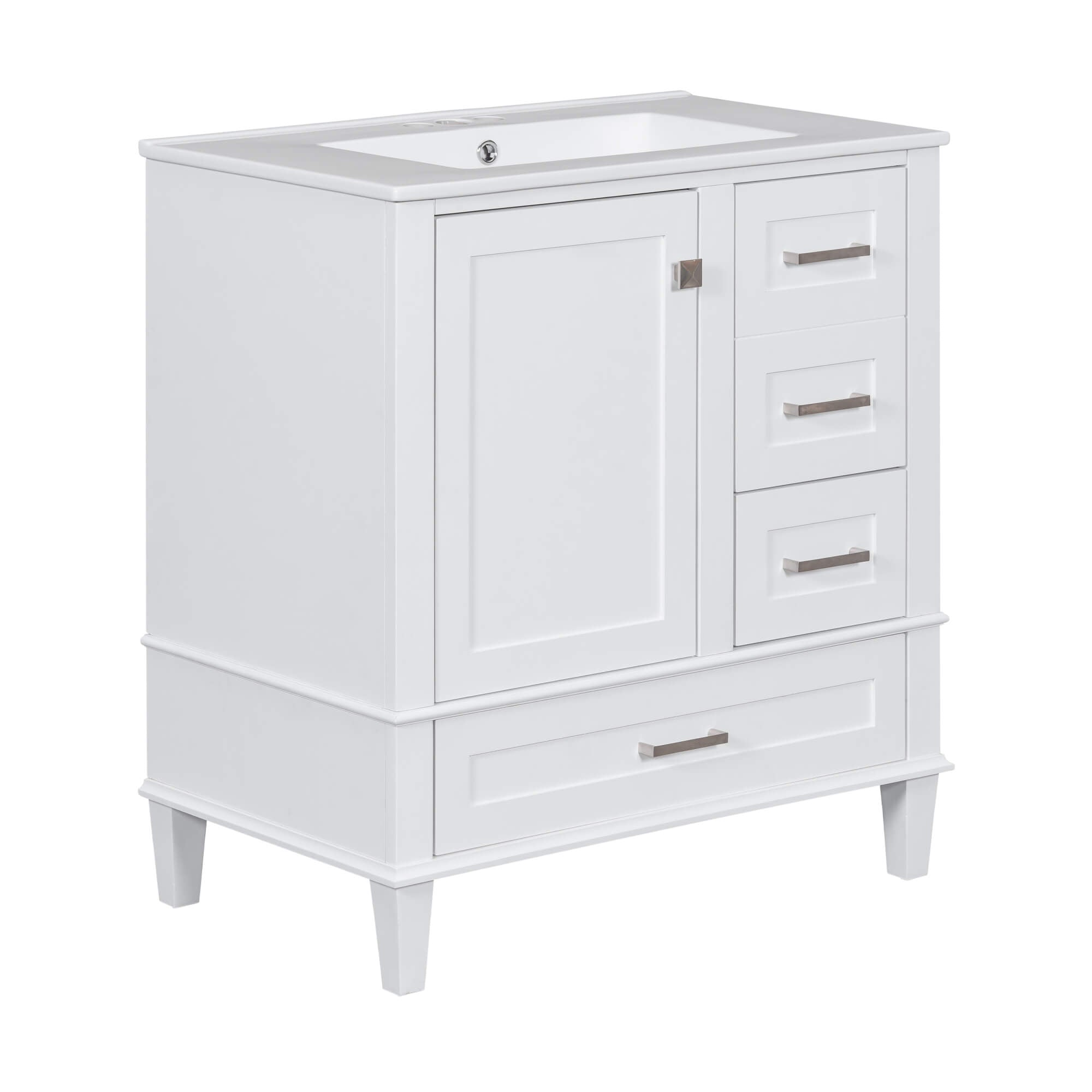 All-in-one white bathroom vanity with top and storage compartments