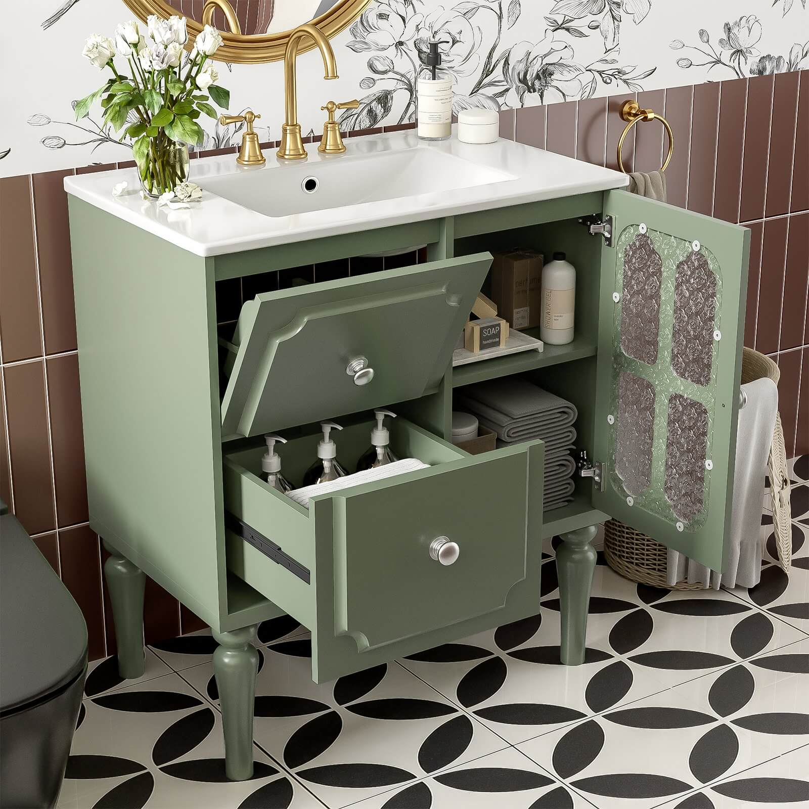 Ample Storage 30 in Retro Bathroom Vanity with Flip Top Drawer