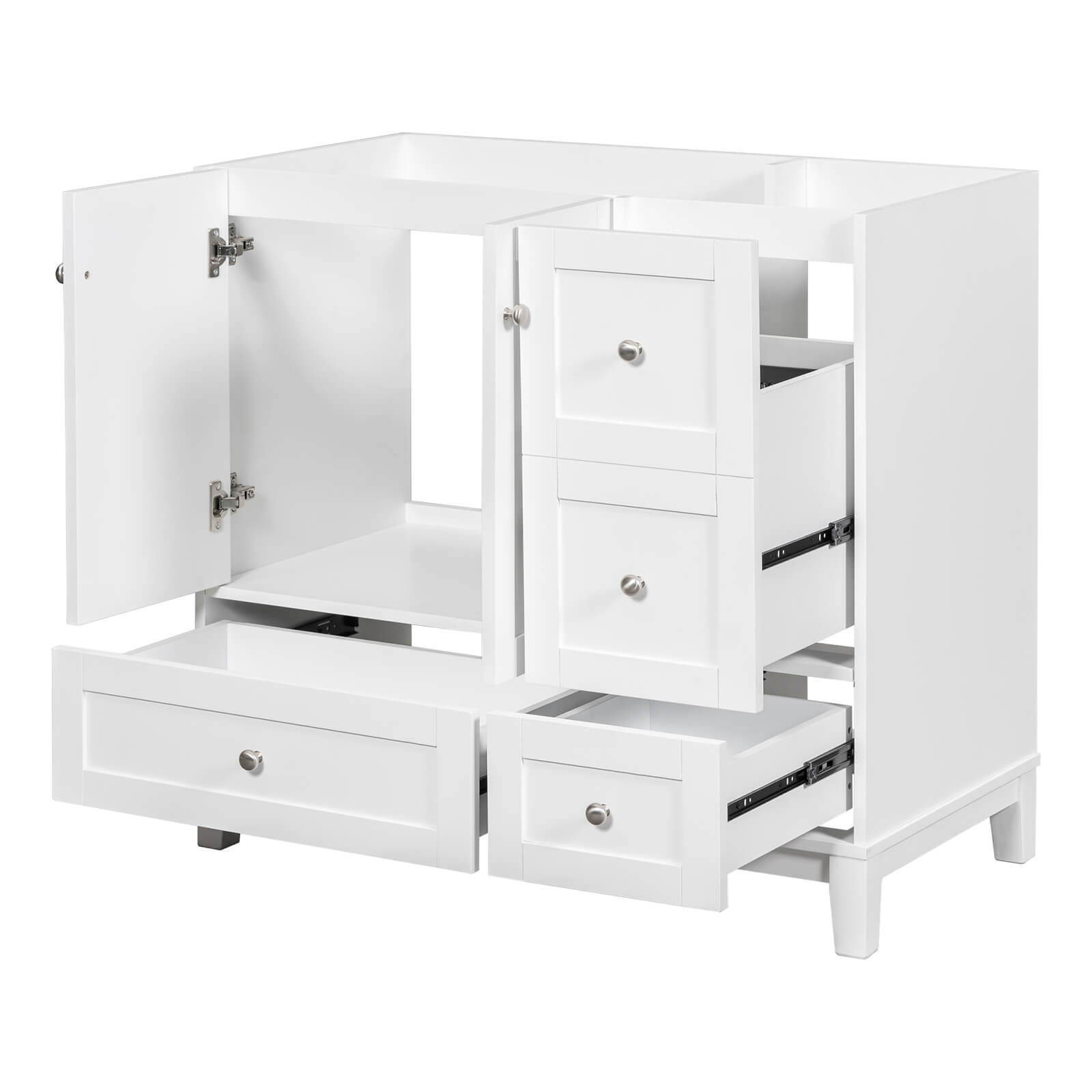 Assembled 36-inch white vanity in bathroom No Sink