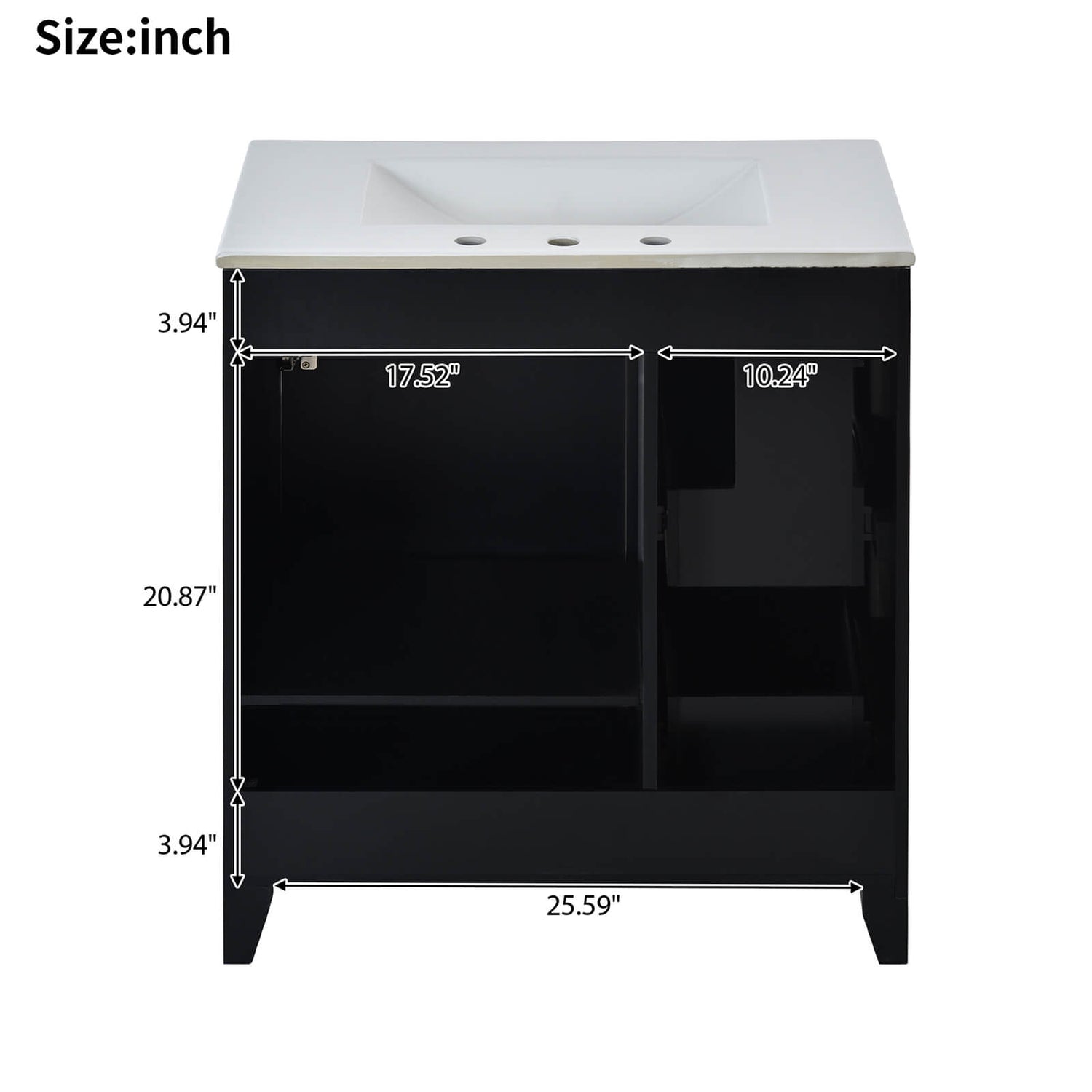 Back Dimensions Specifications for 30 Black Bathroom Vanity with 2 Left Drawers