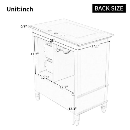 Back dimensions of 30 in light grey blue acacia dresser with bottom drawer