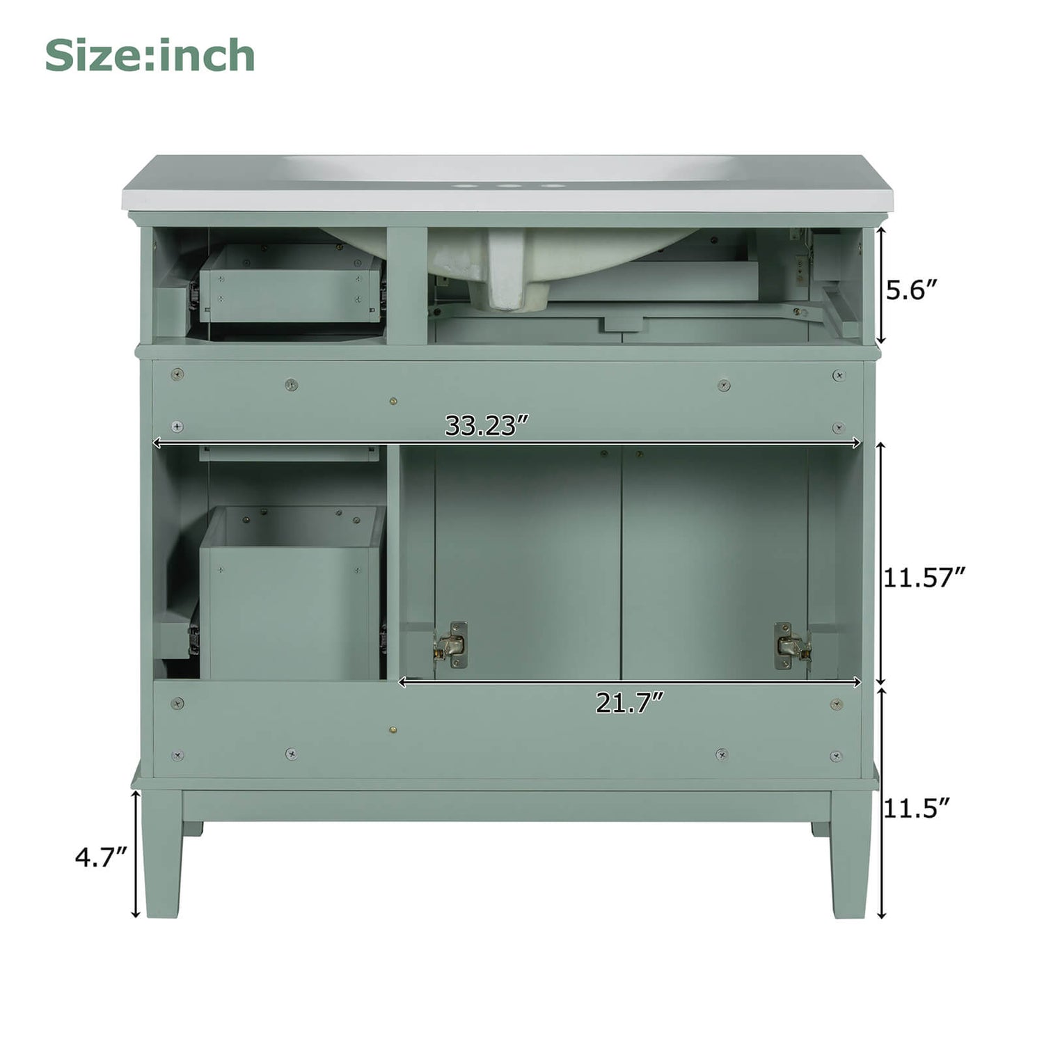 Back Dimensions Specifications of 36 Inch Mint Green Solid Wood Bathroom Vanity with Resin Sink