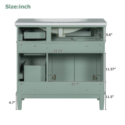 Back Dimensions Specifications of 36 Inch Mint Green Solid Wood Bathroom Vanity with Resin Sink