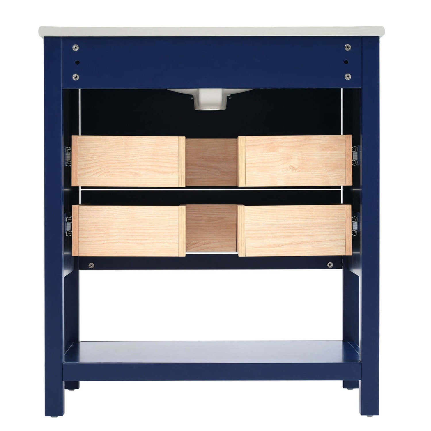 Back detail of a 30 inch navy modern freestanding bathroom vanity