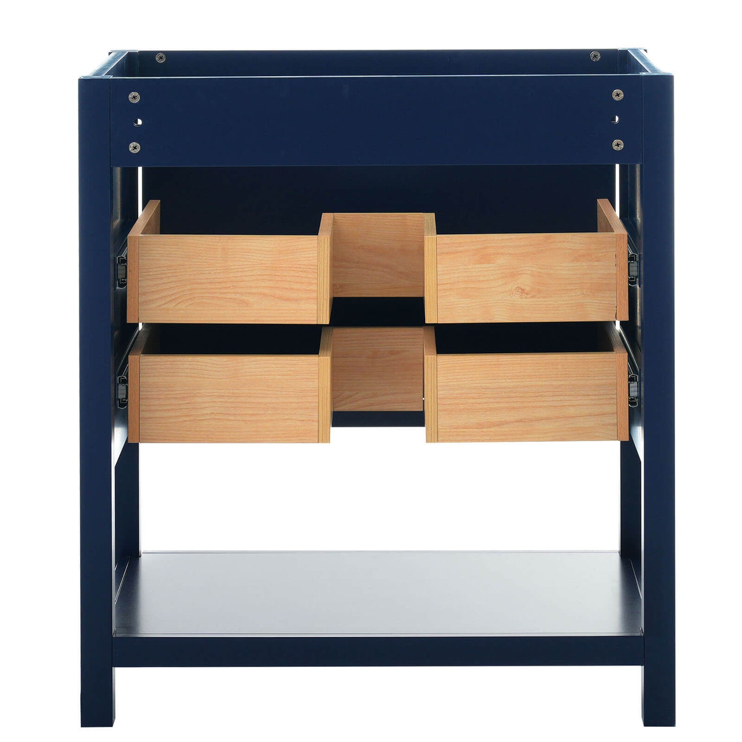 Back photo of the feet of the 30 inch navy blue modern freestanding sinkless bathroom vanity