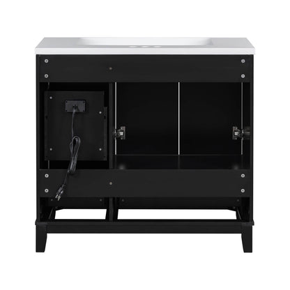 Back view of 36 inch black bathroom vanity with integrated USB charging