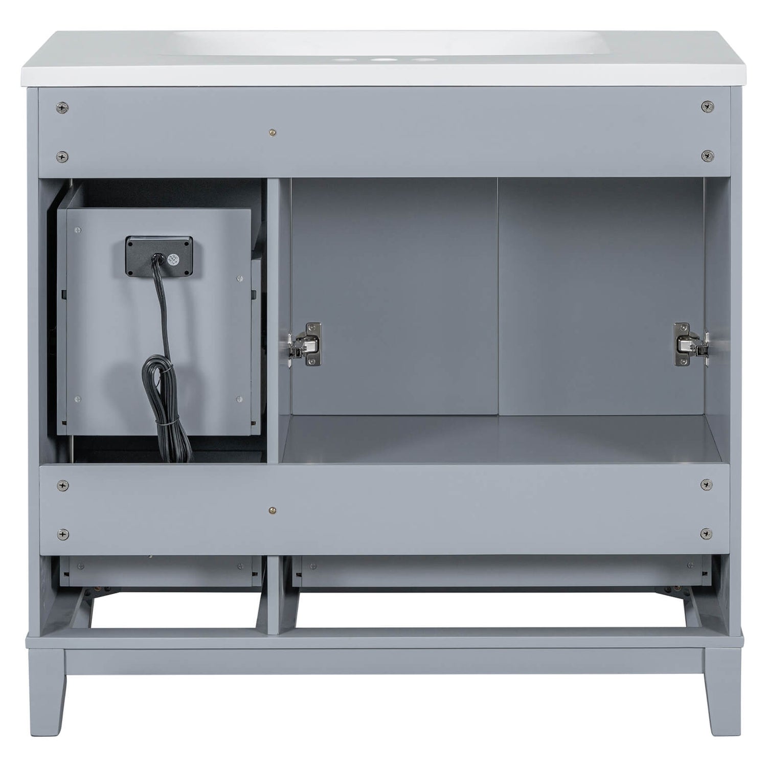 Back view of 36 inch grey bathroom vanity with integrated USB charging