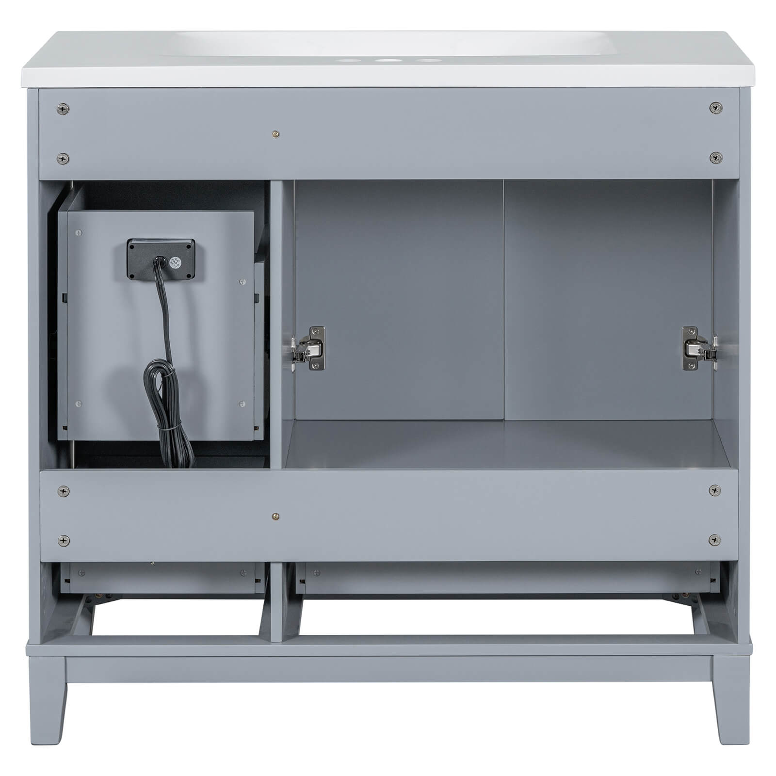 Back view of 36 inch grey bathroom vanity with integrated USB charging