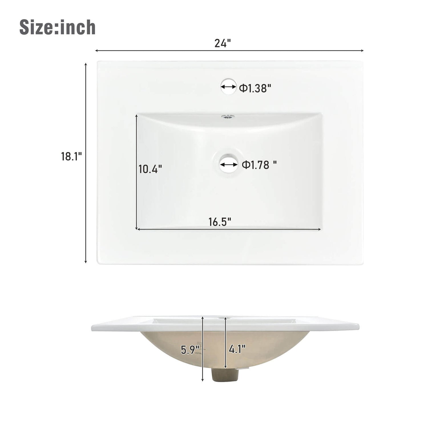 Basin Dimensions Chart for 24 inch Walnut Freestanding Bathroom Vanity with Open Shelves