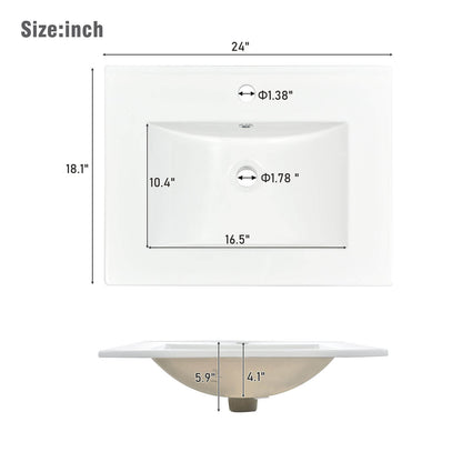 Basin Dimensions Chart for 24 inch Walnut Freestanding Bathroom Vanity with Open Shelves