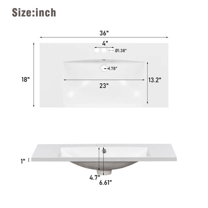 Basin Dimensions Specifications for 36 Inch White Bathroom Vanity with Integrated USB Charging