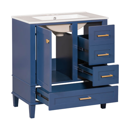 Bathroom vanity in navy blue with premium soft-close hinges