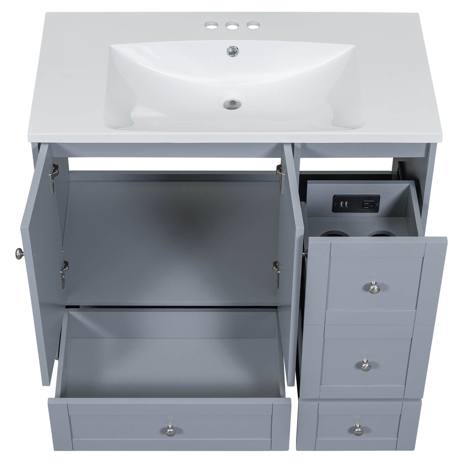 Bathroom vanity with gray finish and USB charging