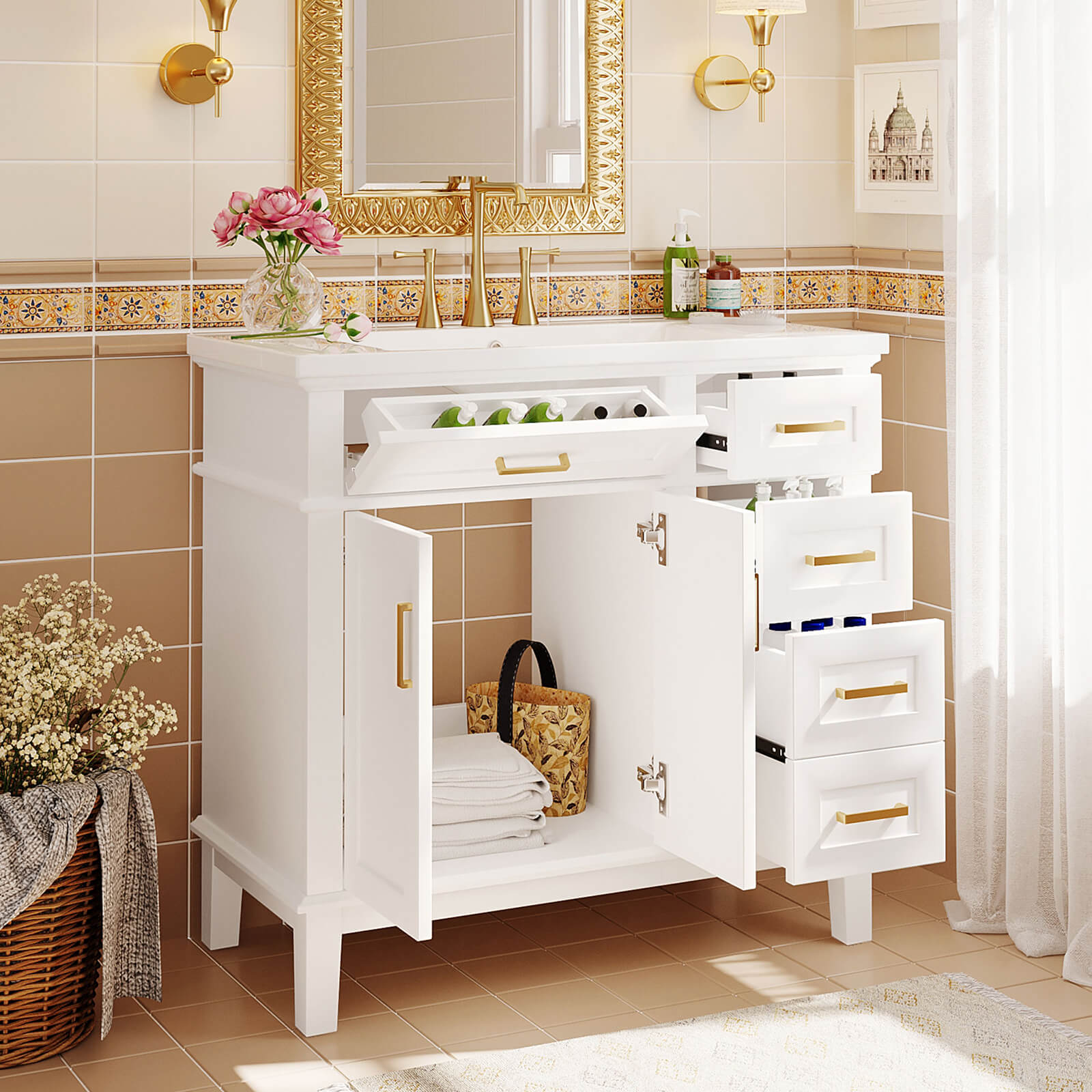 Bathroom vanity with resin sink and solid wood frame