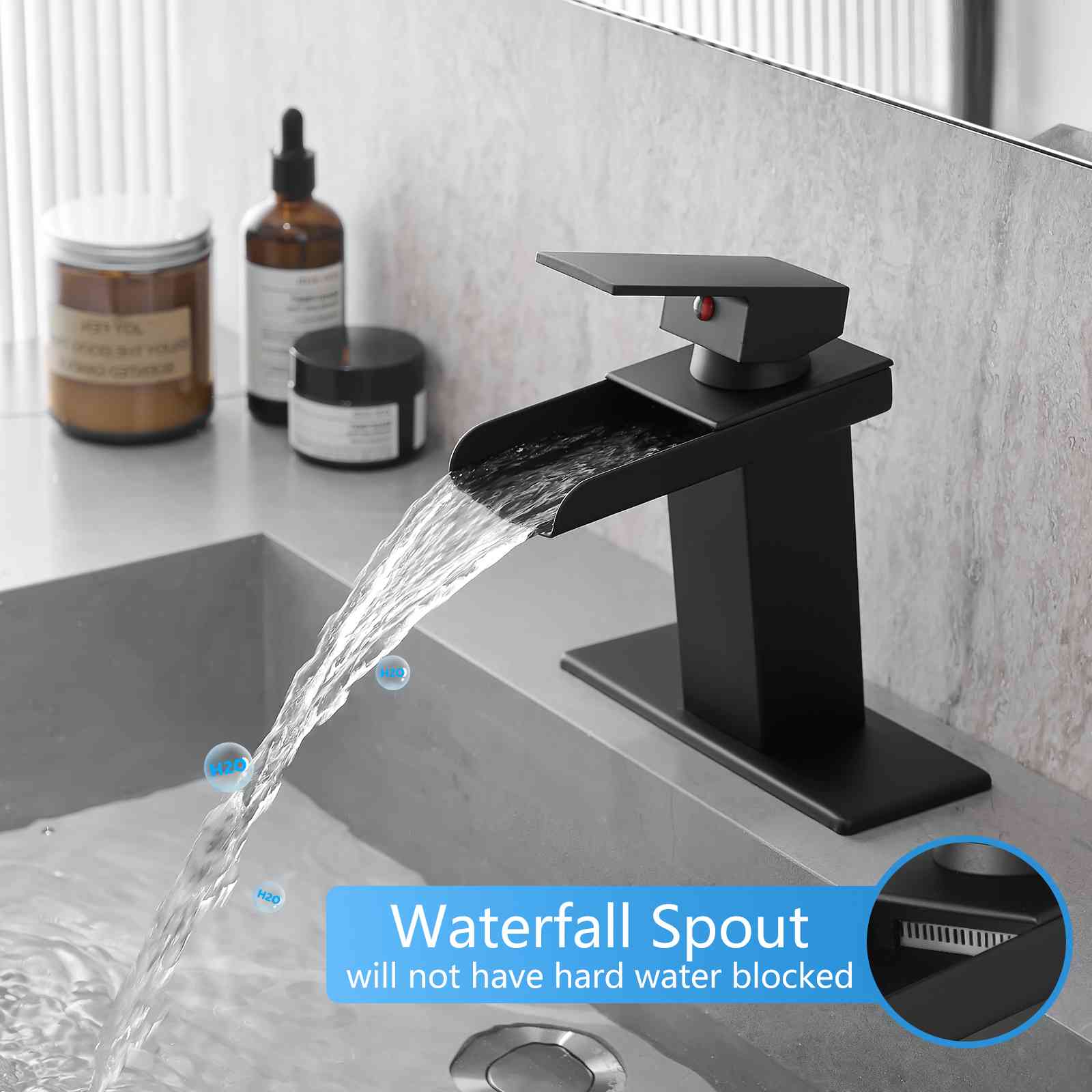 Black Deck Plate Waterfall Bathroom Sink Tap