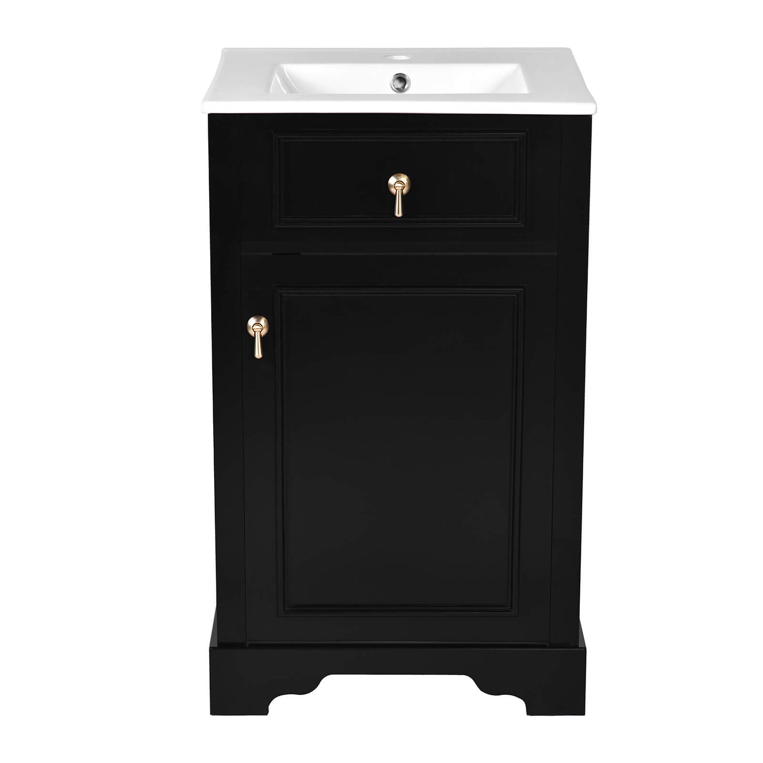 Black Mid Century Modern Vanity with Storage Shelf and Ceramic Sink