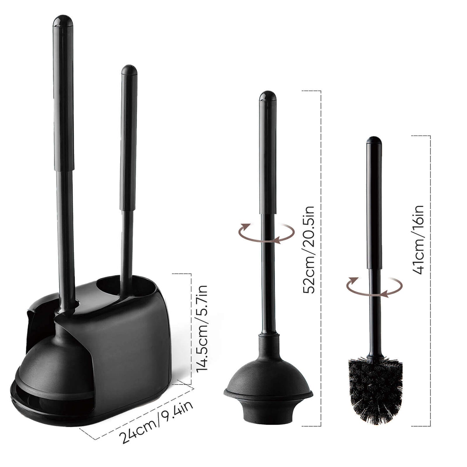 Black Toilet Brush and Plunger 2 Piece Set with Holder size