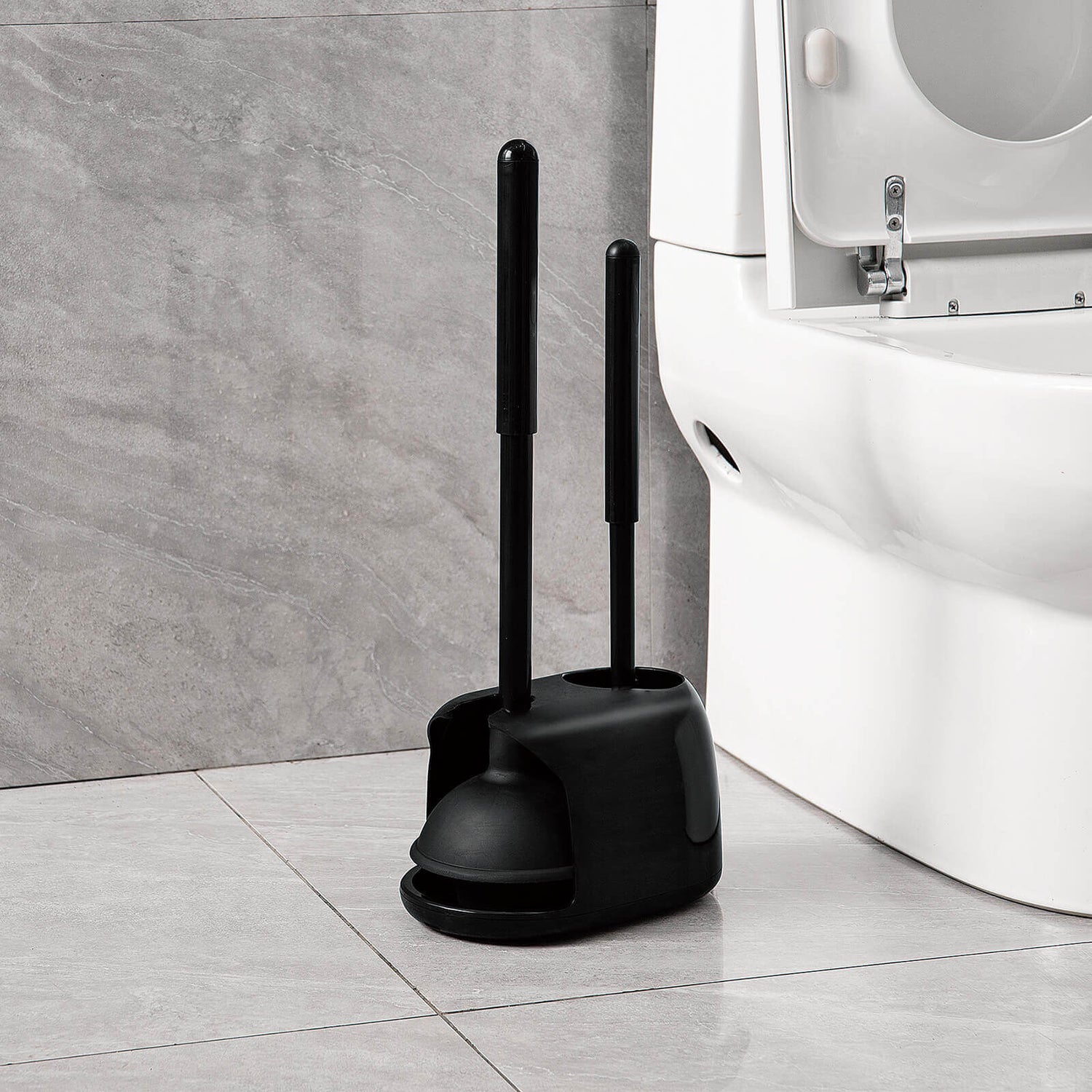 Black Toilet Brush and Plunger 2 Piece Set with Holder