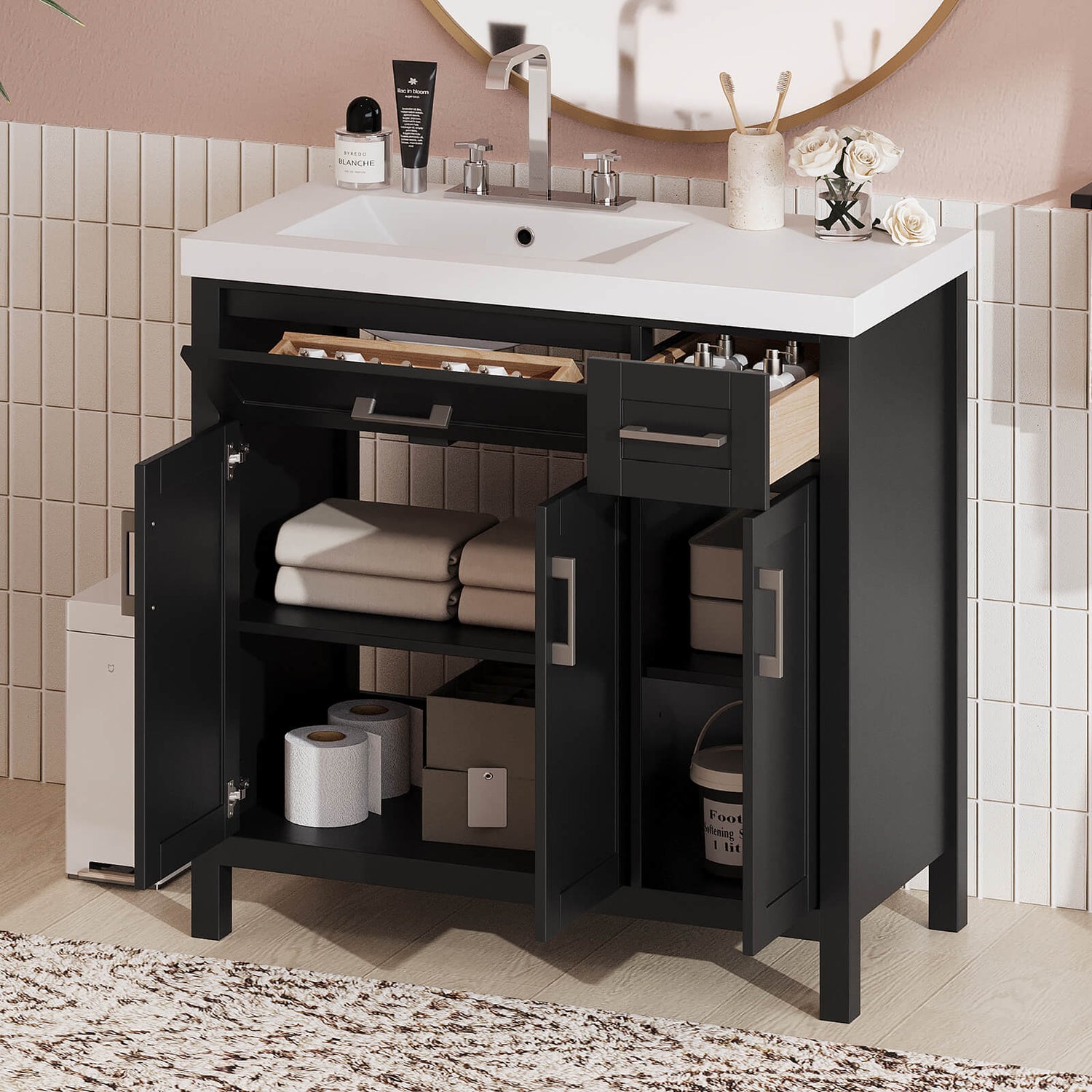 Black bathroom vanity with left offset sink_ offering spacious storage and modern aesthetics