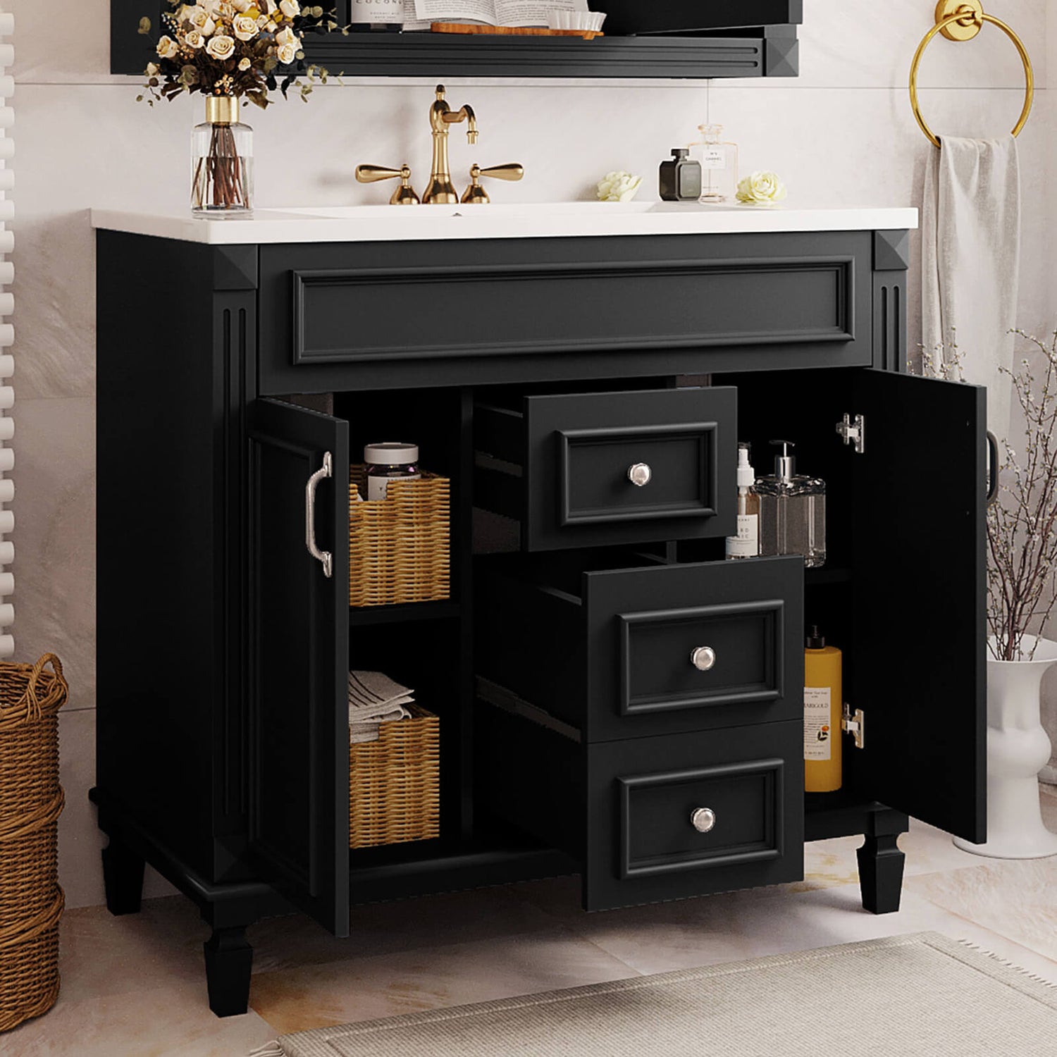 Black freestanding bathroom vanity with ample storage and soft close doors