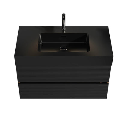 Black solid surface countertop on a stylish 36 inch bathroom vanity